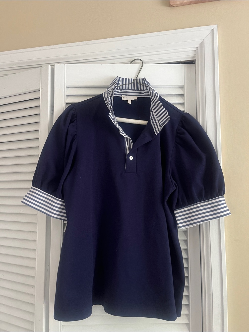 entro Navy Polo Top with Striped Collar & Cuff